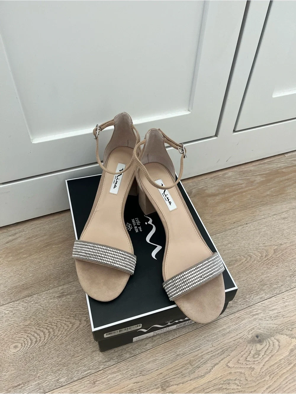 Nina Nude Rhinestone Strap Block Heel Sandals